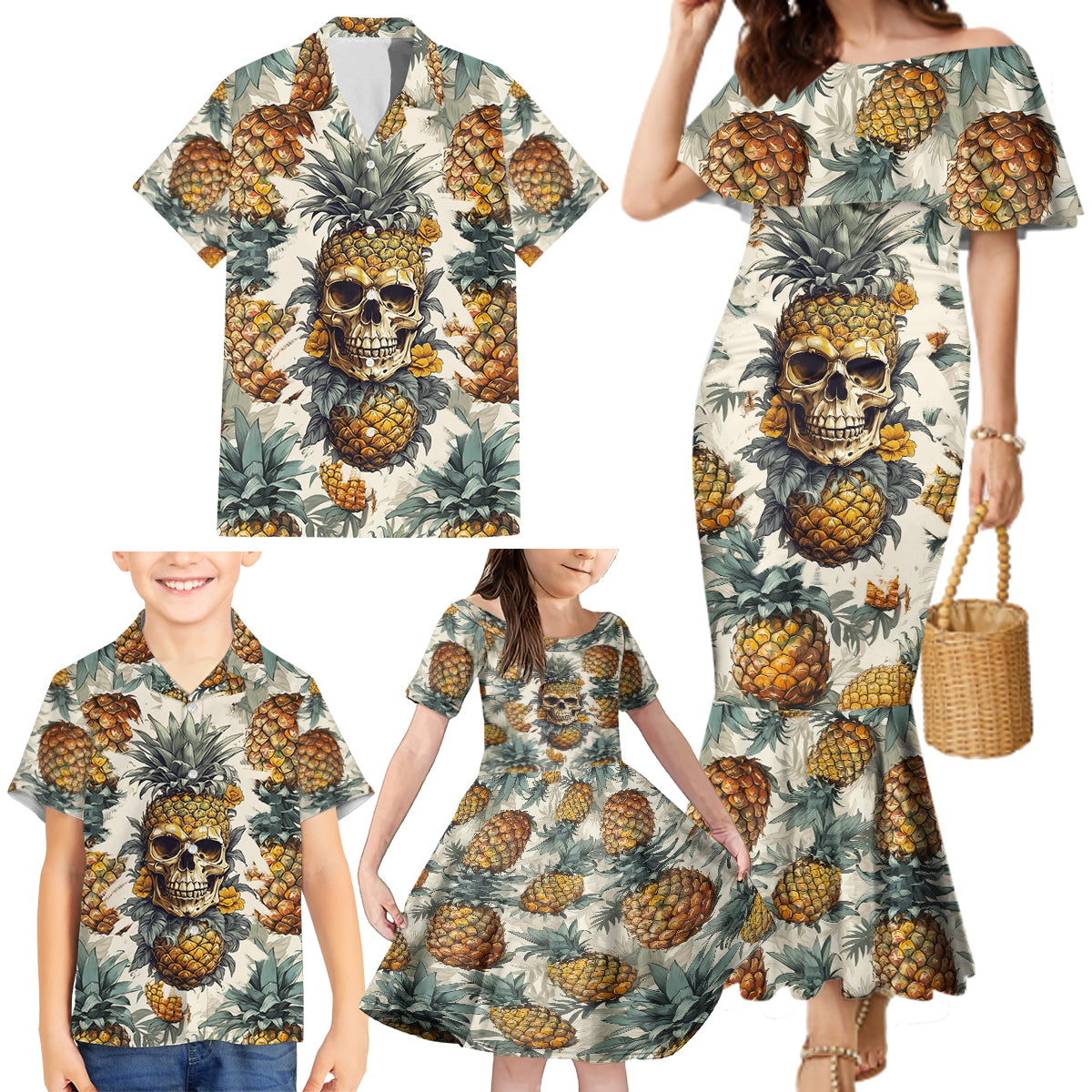 Pineapple Skull Family Matching Mermaid Dress and Hawaiian Shirt Summer Paradise - Wonder Print Shop