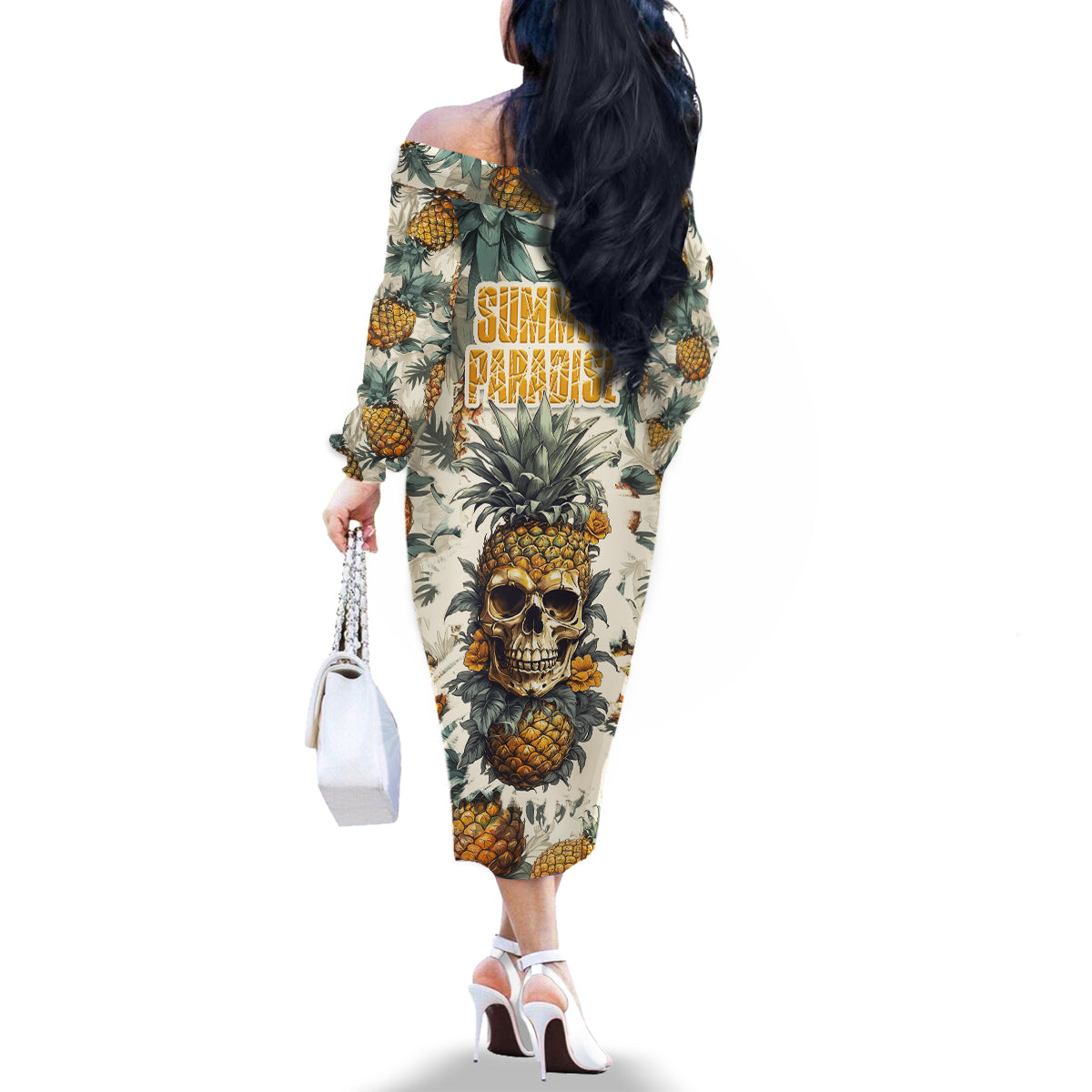 Pineapple Skull Family Matching Off Shoulder Long Sleeve Dress and Hawaiian Shirt Summer Paradise - Wonder Print Shop