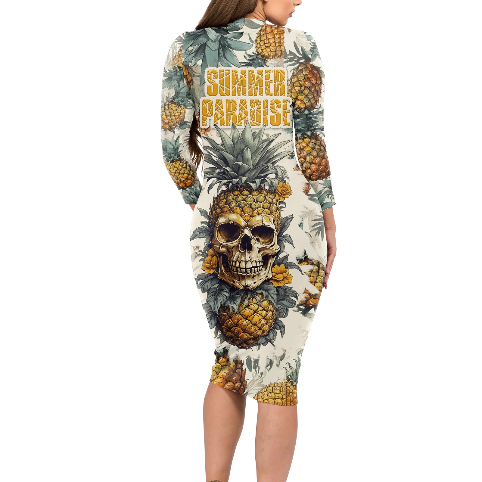 Pineapple Skull Long Sleeve Bodycon Dress Summer Paradise - Wonder Print Shop