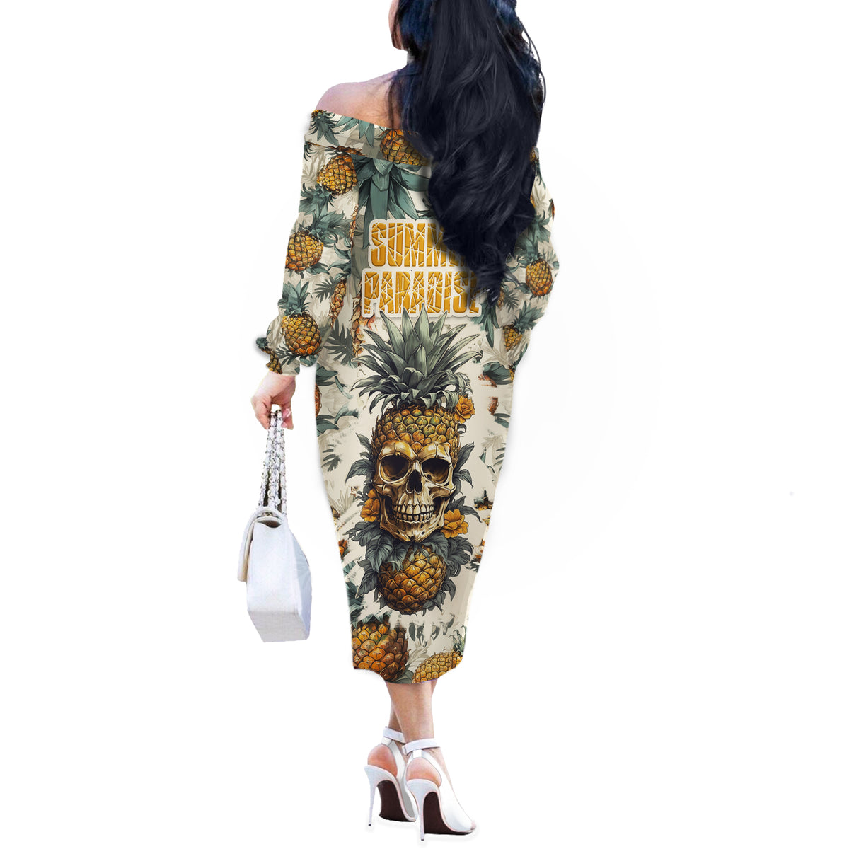 Pineapple Skull Off The Shoulder Long Sleeve Dress Summer Paradise - Wonder Print Shop