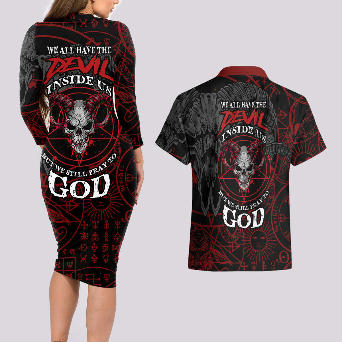 Skull Demon Couples Matching Long Sleeve Bodycon Dress and Hawaiian Shirt We All Have The Devil Inside Us - Wonder Print Shop