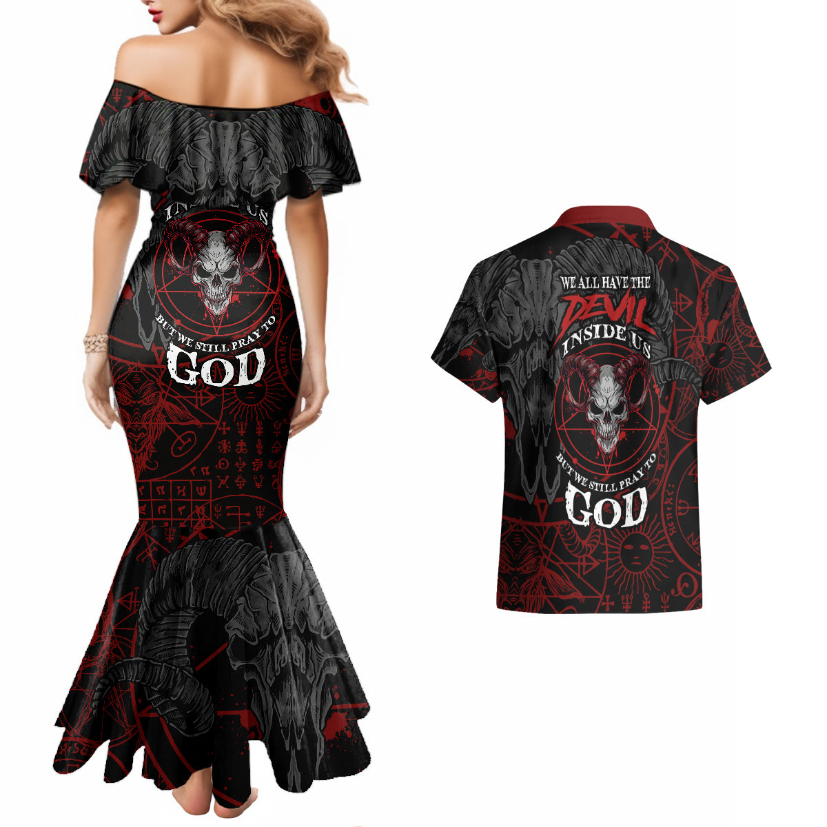 Skull Demon Couples Matching Mermaid Dress and Hawaiian Shirt We All Have The Devil Inside Us - Wonder Print Shop