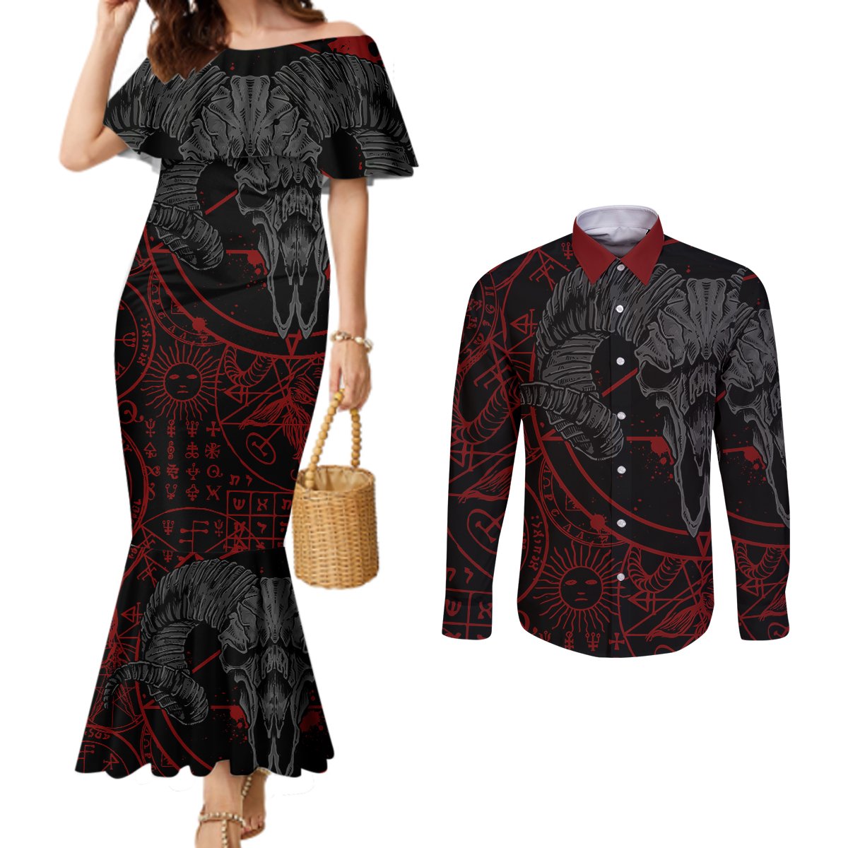 skull-demon-couples-matching-mermaid-dress-and-long-sleeve-button-shirts-we-all-have-the-devil-inside-us