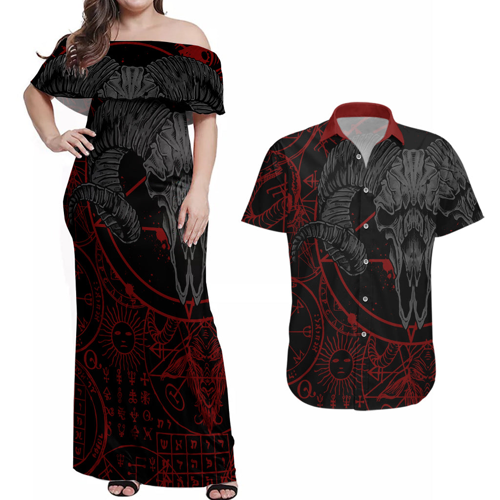 Skull Demon Couples Matching Off Shoulder Maxi Dress and Hawaiian Shirt We All Have The Devil Inside Us - Wonder Print Shop