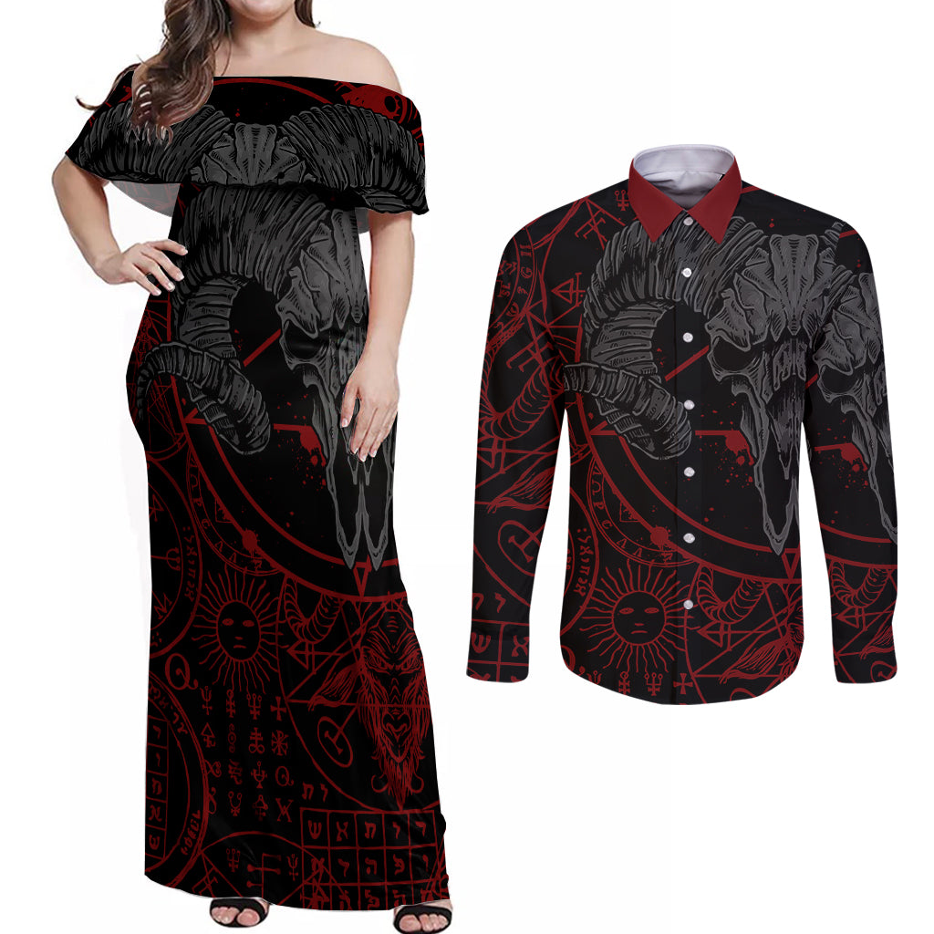 Skull Demon Couples Matching Off Shoulder Maxi Dress and Long Sleeve Button Shirts We All Have The Devil Inside Us - Wonder Print Shop