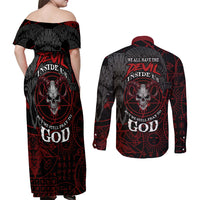 Skull Demon Couples Matching Off Shoulder Maxi Dress and Long Sleeve Button Shirts We All Have The Devil Inside Us - Wonder Print Shop