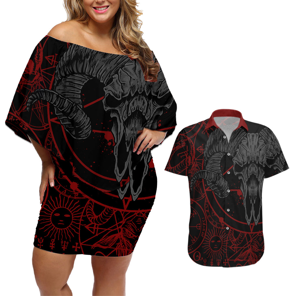 Skull Demon Couples Matching Off Shoulder Short Dress and Hawaiian Shirt We All Have The Devil Inside Us - Wonder Print Shop