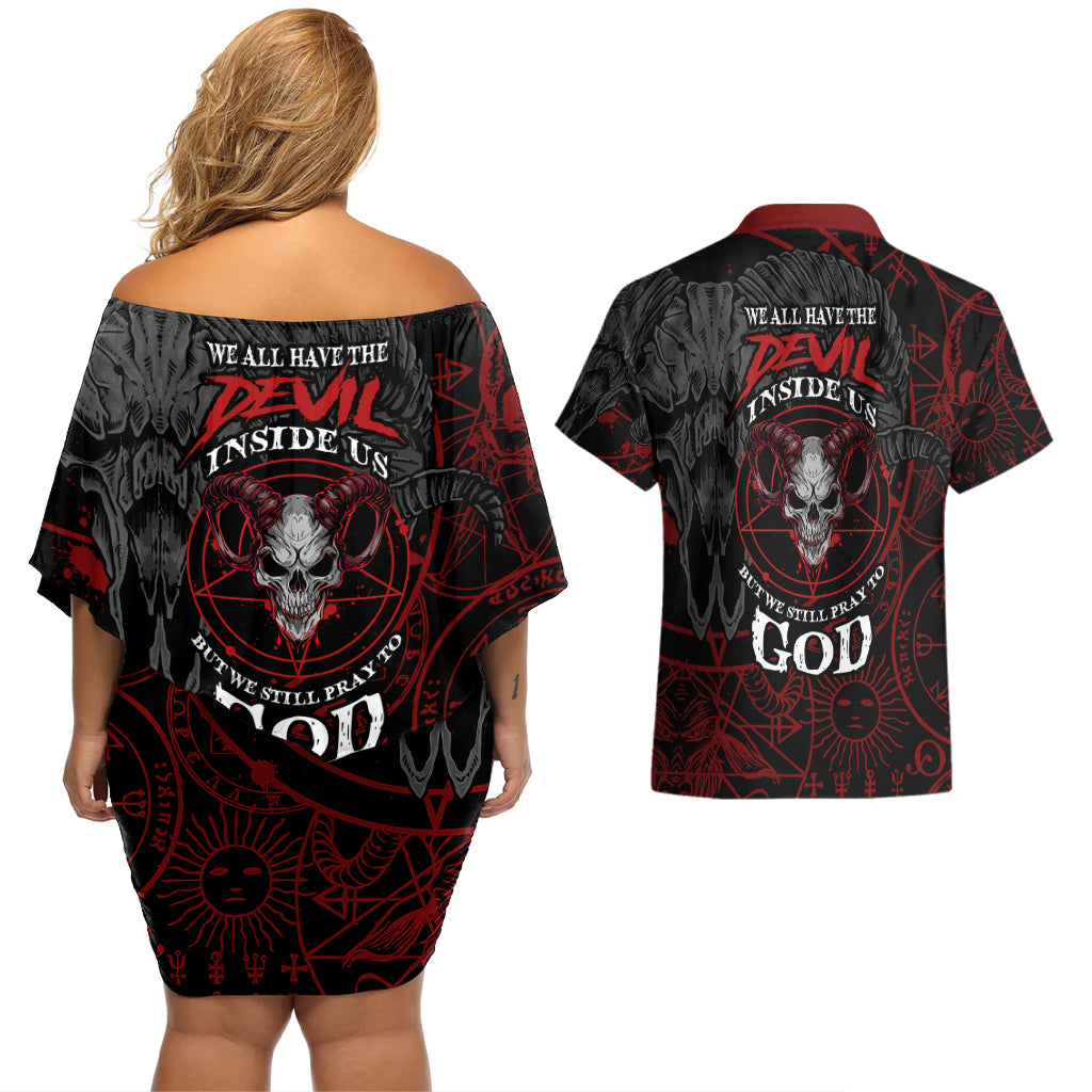 Skull Demon Couples Matching Off Shoulder Short Dress and Hawaiian Shirt We All Have The Devil Inside Us - Wonder Print Shop