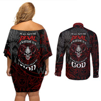 Skull Demon Couples Matching Off Shoulder Short Dress and Long Sleeve Button Shirts We All Have The Devil Inside Us - Wonder Print Shop