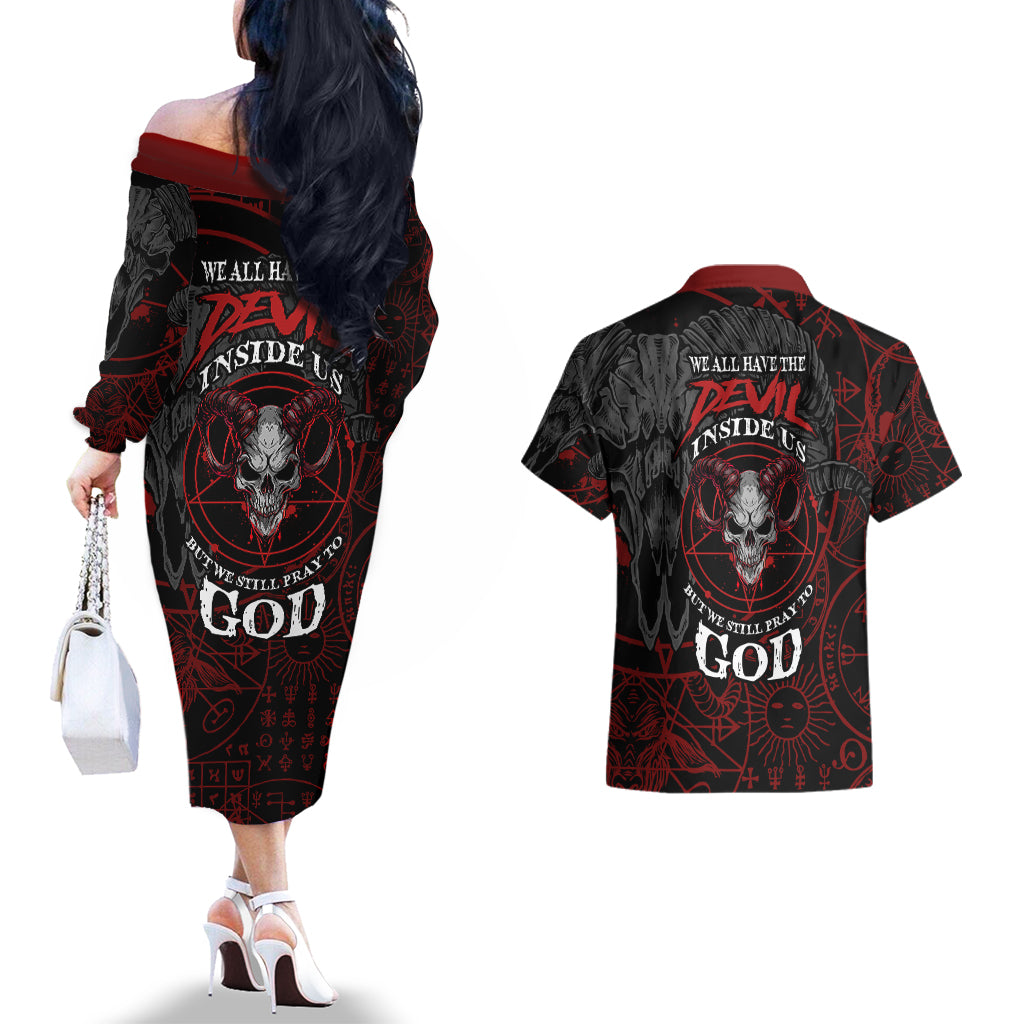 Skull Demon Couples Matching Off The Shoulder Long Sleeve Dress and Hawaiian Shirt We All Have The Devil Inside Us - Wonder Print Shop