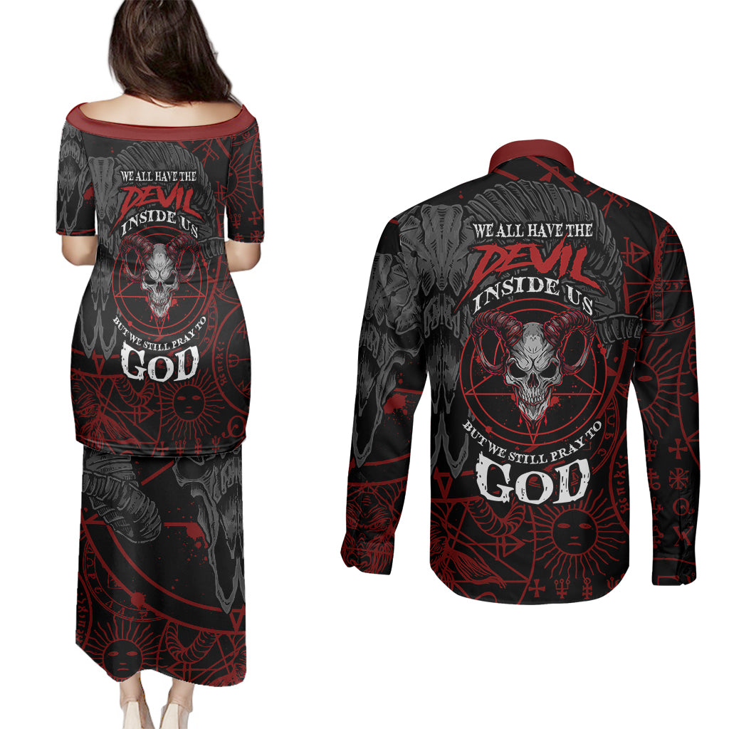 Skull Demon Couples Matching Puletasi Dress and Long Sleeve Button Shirts We All Have The Devil Inside Us - Wonder Print Shop