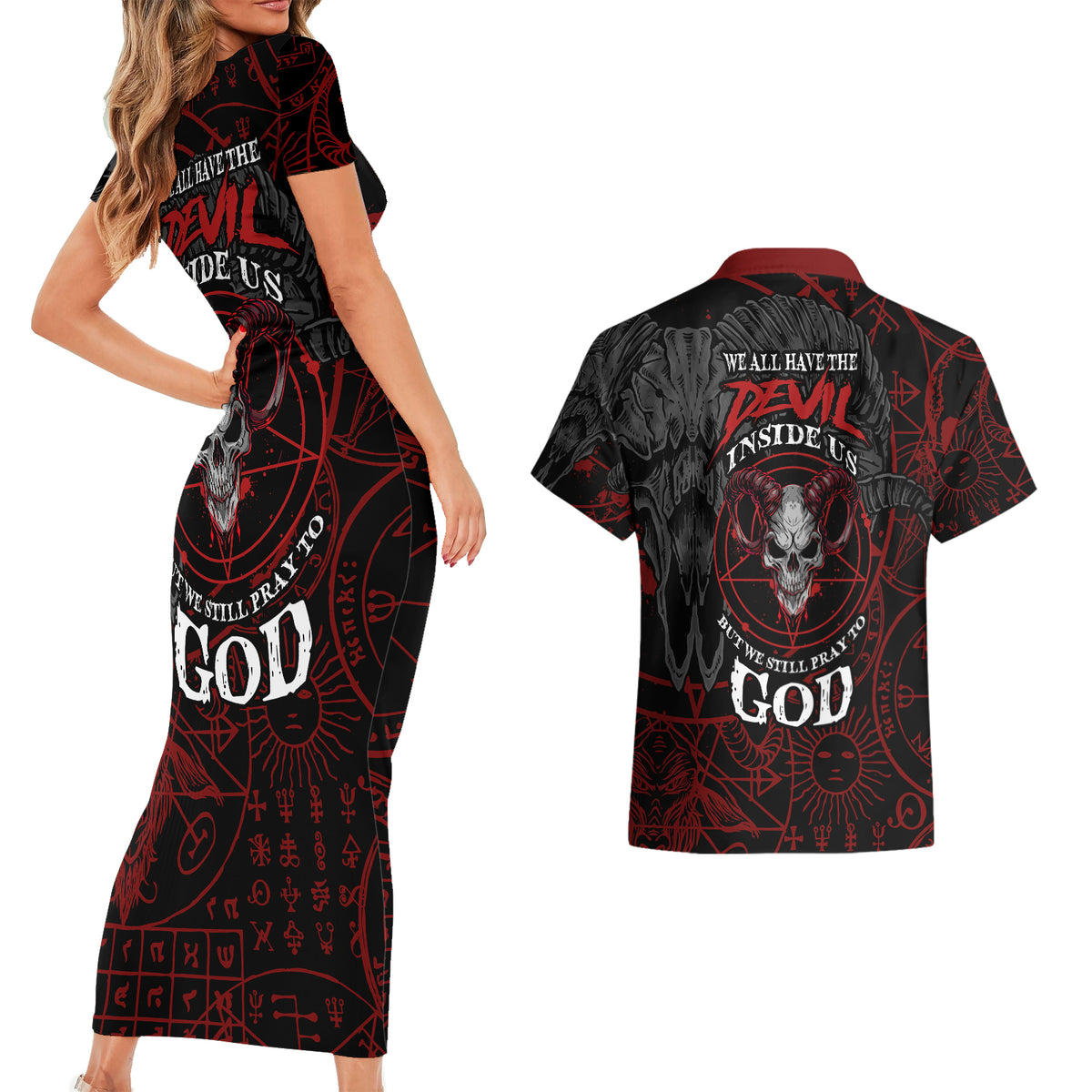 Skull Demon Couples Matching Short Sleeve Bodycon Dress and Hawaiian Shirt We All Have The Devil Inside Us - Wonder Print Shop