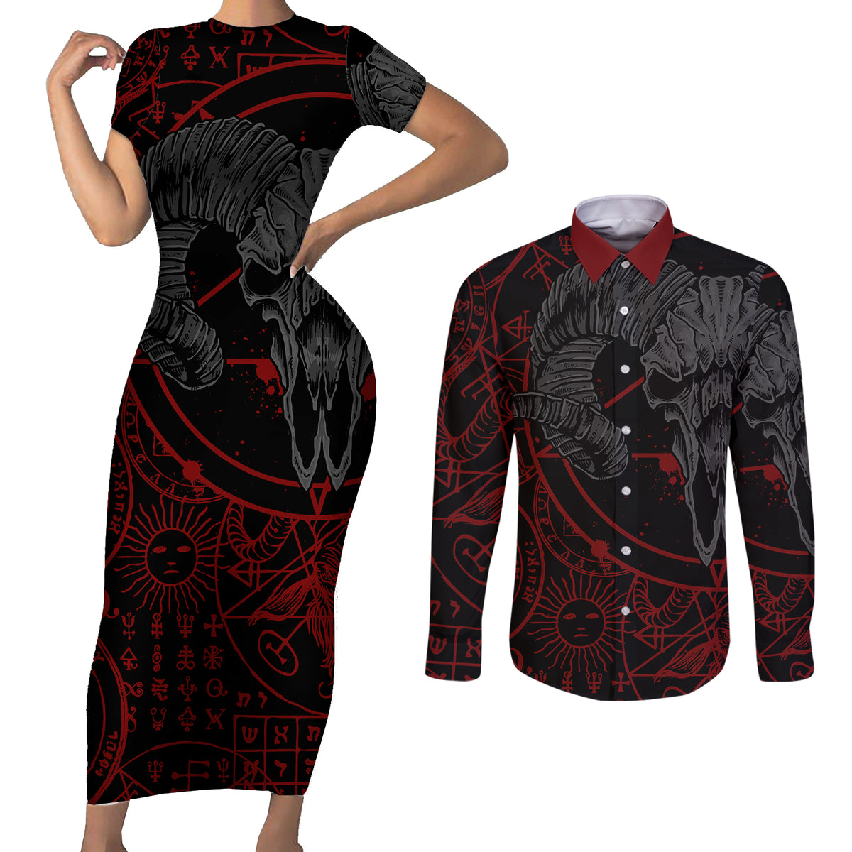 Skull Demon Couples Matching Short Sleeve Bodycon Dress and Long Sleeve Button Shirts We All Have The Devil Inside Us - Wonder Print Shop