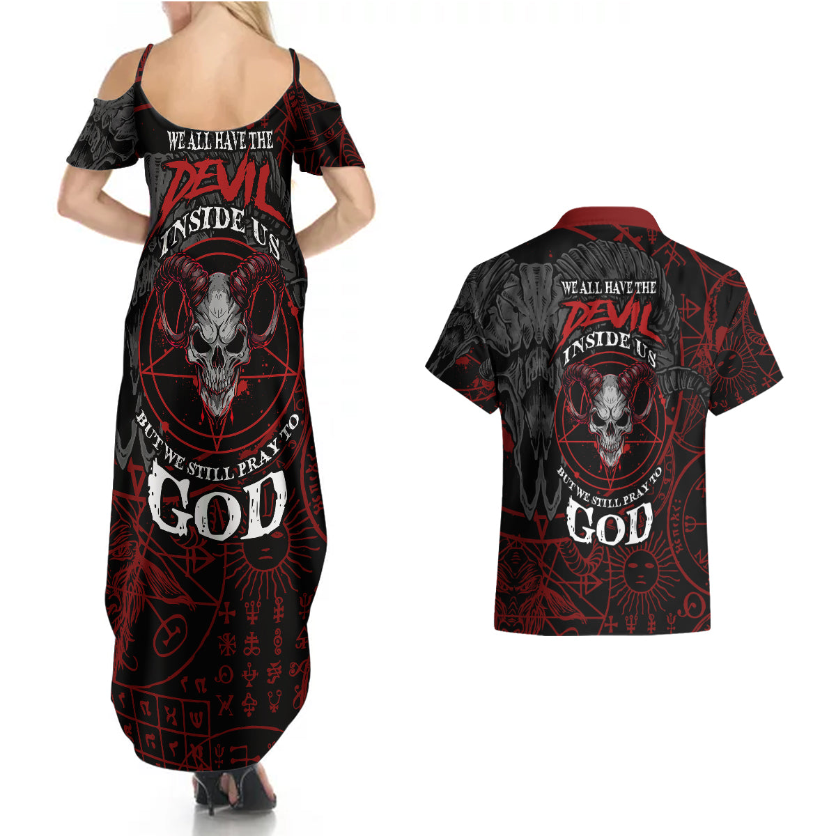 Skull Demon Couples Matching Summer Maxi Dress and Hawaiian Shirt We All Have The Devil Inside Us - Wonder Print Shop