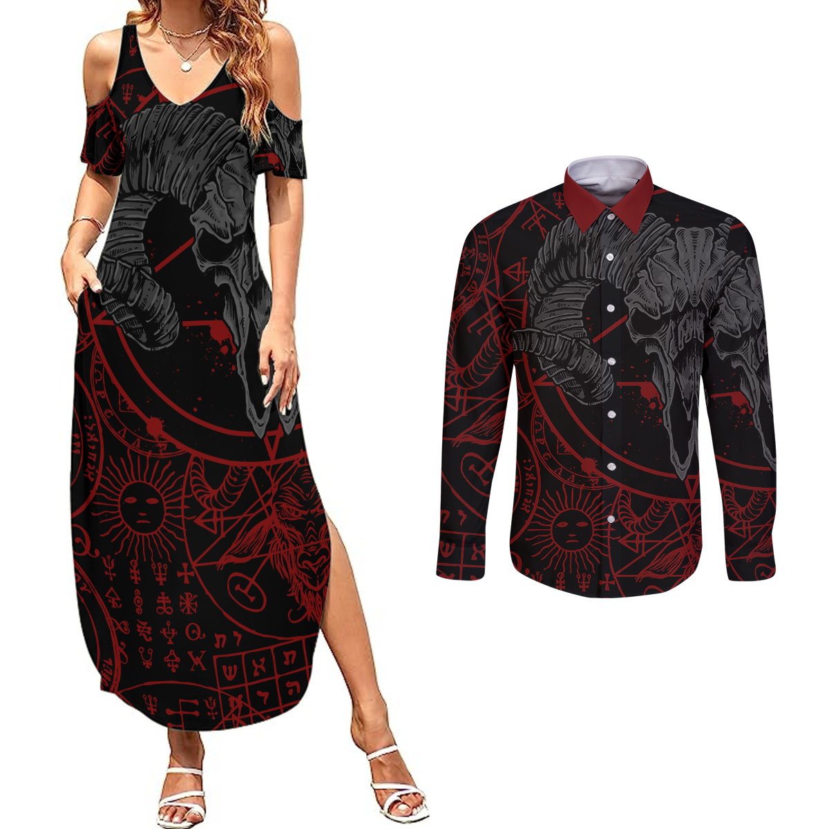 Skull Demon Couples Matching Summer Maxi Dress and Long Sleeve Button Shirts We All Have The Devil Inside Us - Wonder Print Shop