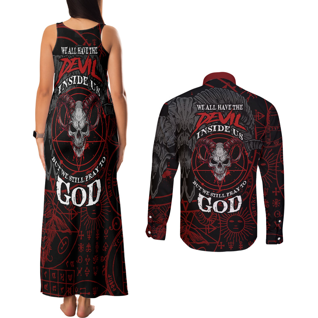 Skull Demon Couples Matching Tank Maxi Dress and Long Sleeve Button Shirts We All Have The Devil Inside Us - Wonder Print Shop