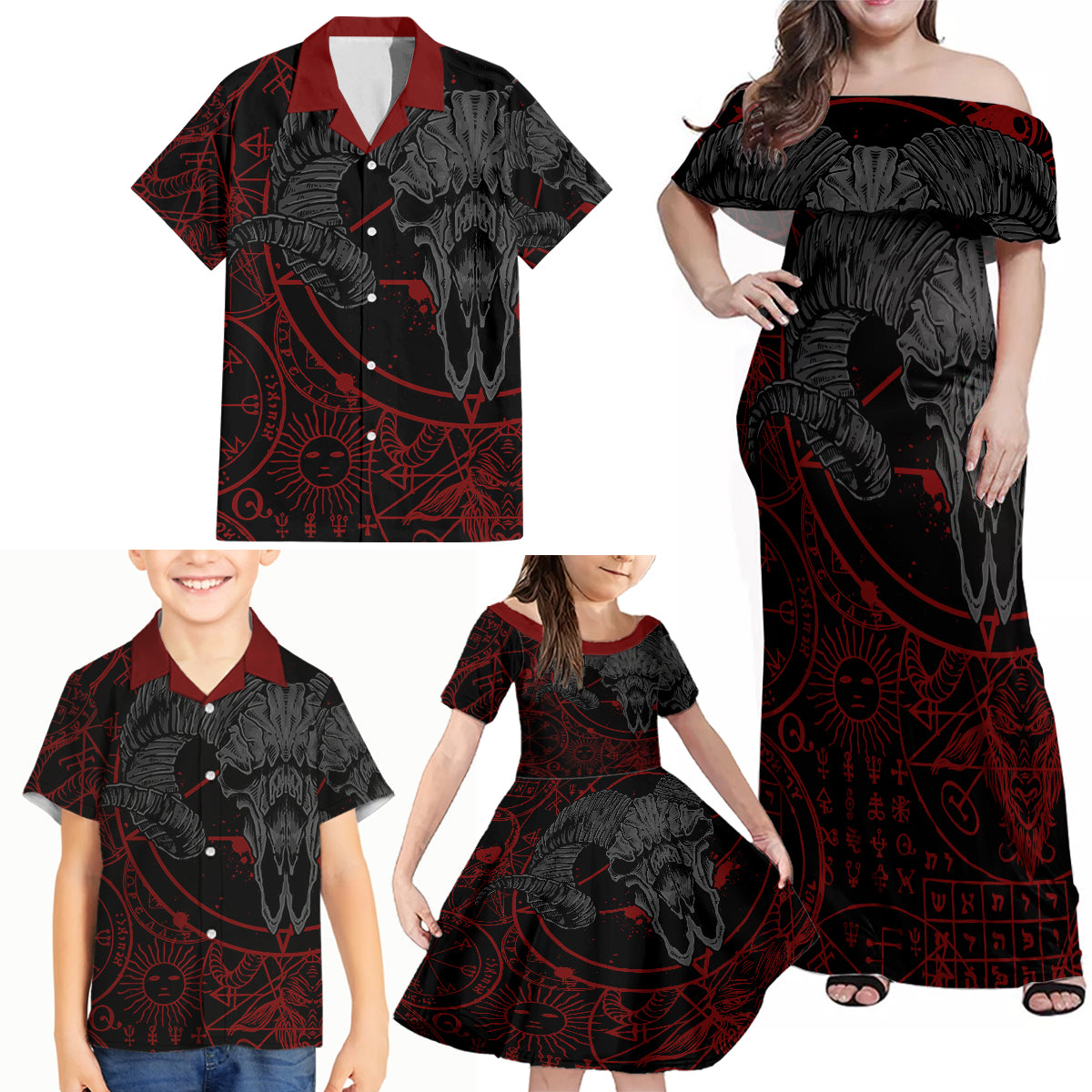 Skull Demon Family Matching Off Shoulder Maxi Dress and Hawaiian Shirt We All Have The Devil Inside Us - Wonder Print Shop