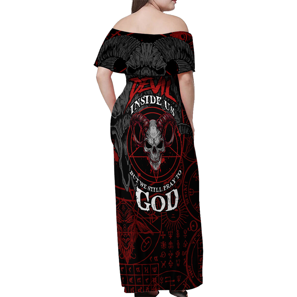 Skull Demon Family Matching Off Shoulder Maxi Dress and Hawaiian Shirt We All Have The Devil Inside Us - Wonder Print Shop