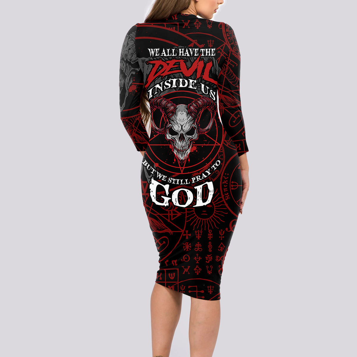 Skull Demon Long Sleeve Bodycon Dress We All Have The Devil Inside Us - Wonder Print Shop