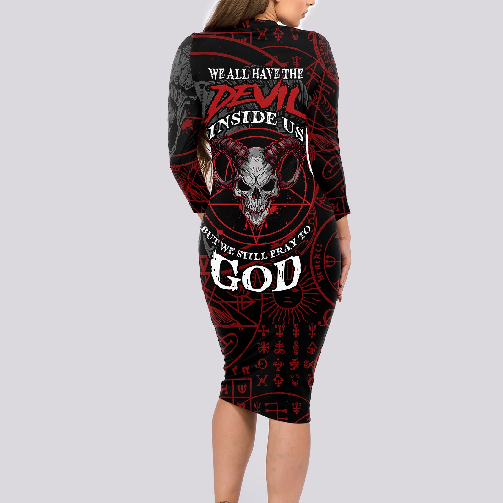 Skull Demon Long Sleeve Bodycon Dress We All Have The Devil Inside Us - Wonder Print Shop