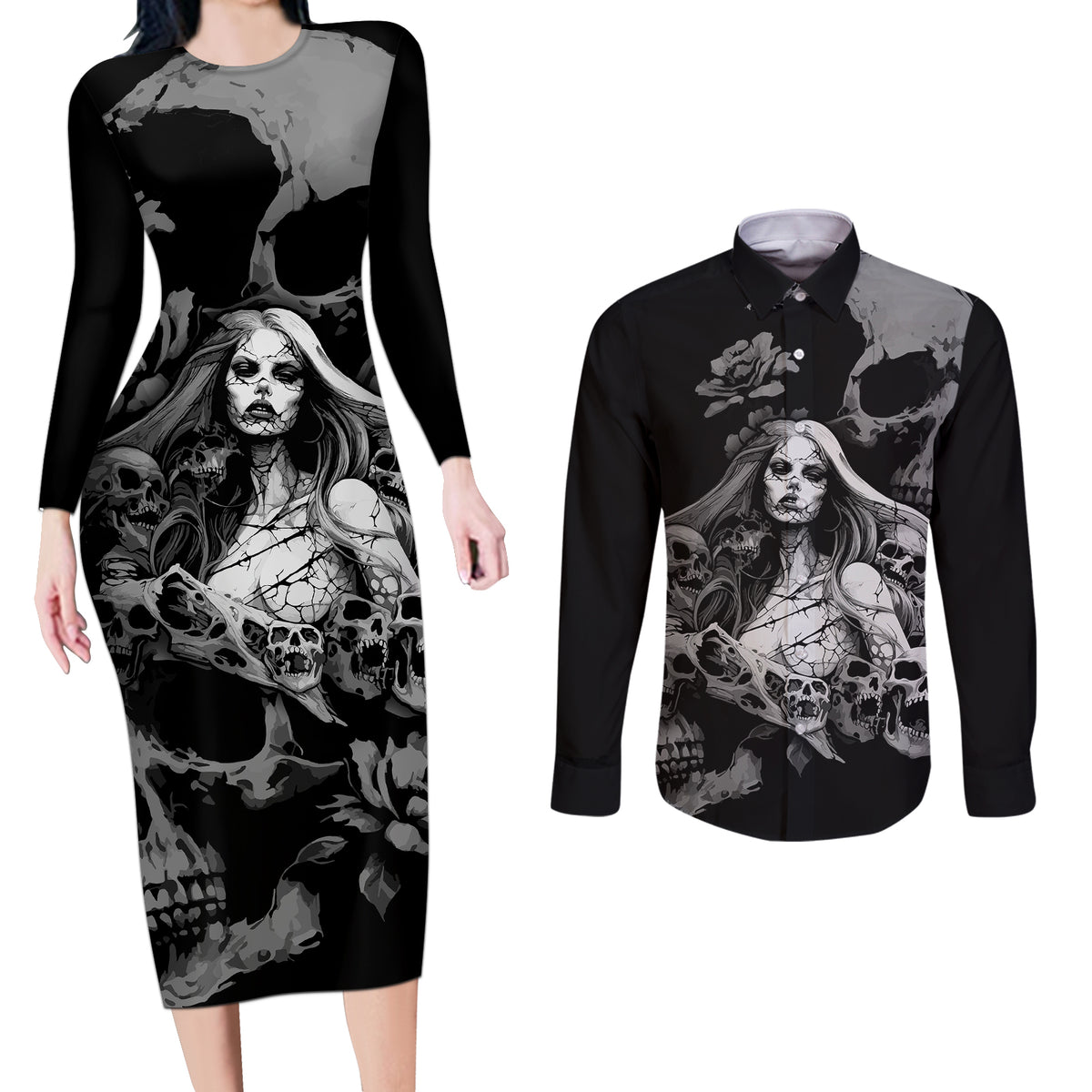 Skeleton Girl Couples Matching Long Sleeve Bodycon Dress and Long Sleeve Button Shirts Yes I'm A Bicth - Not Yours - Wonder Print Shop