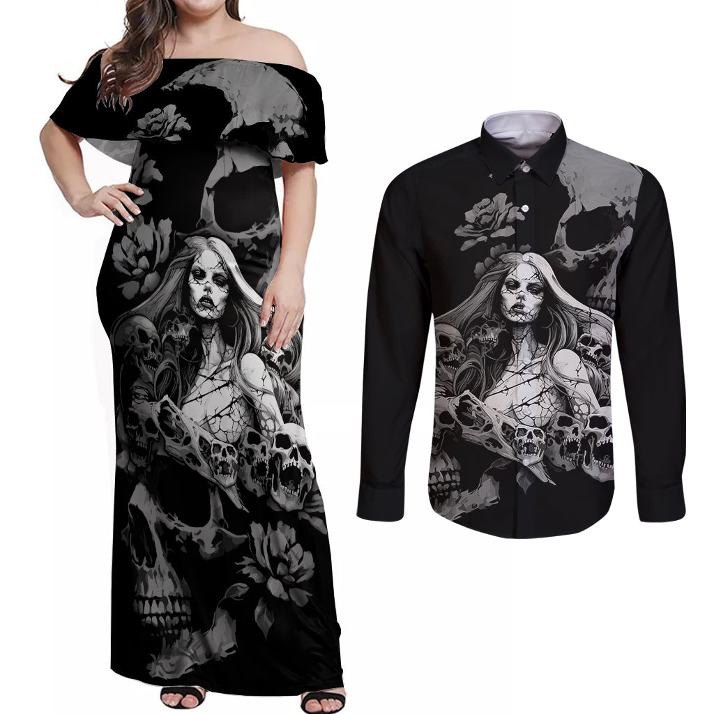 Skeleton Girl Couples Matching Off Shoulder Maxi Dress and Long Sleeve Button Shirts Yes I'm A Bicth - Not Yours - Wonder Print Shop