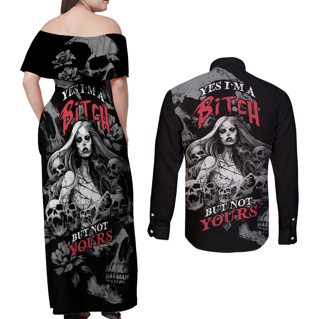 Skeleton Girl Couples Matching Off Shoulder Maxi Dress and Long Sleeve Button Shirts Yes I'm A Bicth - Not Yours - Wonder Print Shop