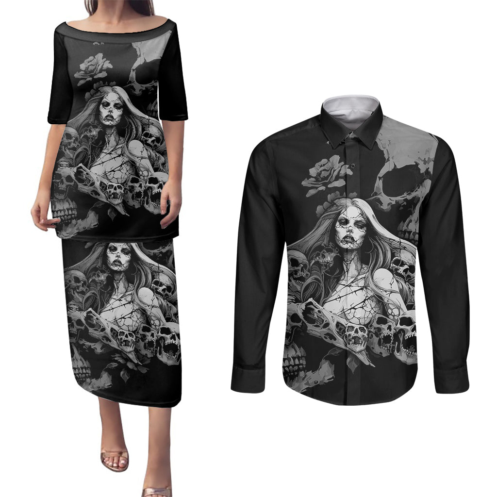 Skeleton Girl Couples Matching Puletasi Dress and Long Sleeve Button Shirts Yes I'm A Bicth - Not Yours - Wonder Print Shop