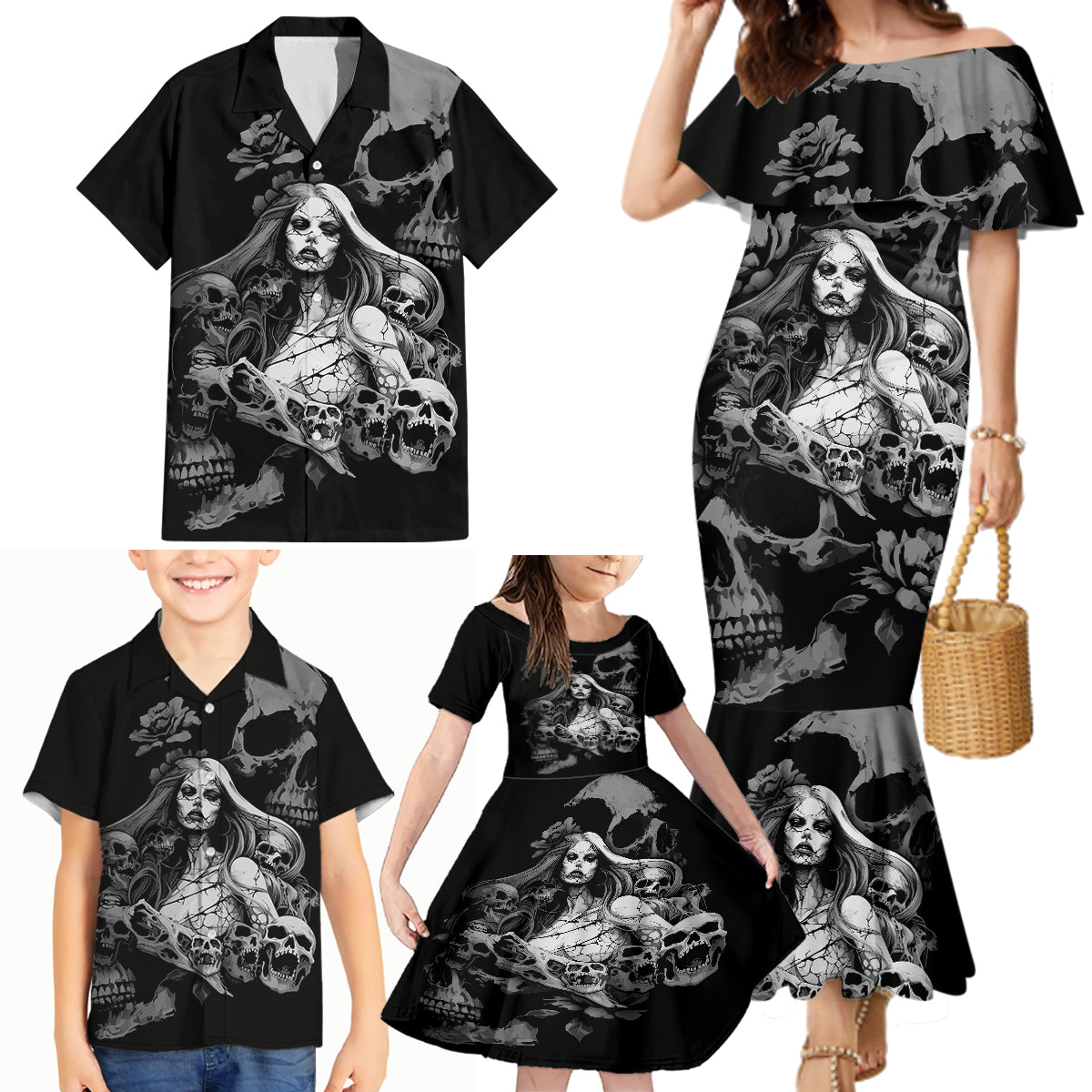 Skeleton Girl Family Matching Mermaid Dress and Hawaiian Shirt Yes I'm A Bicth - Not Yours - Wonder Print Shop