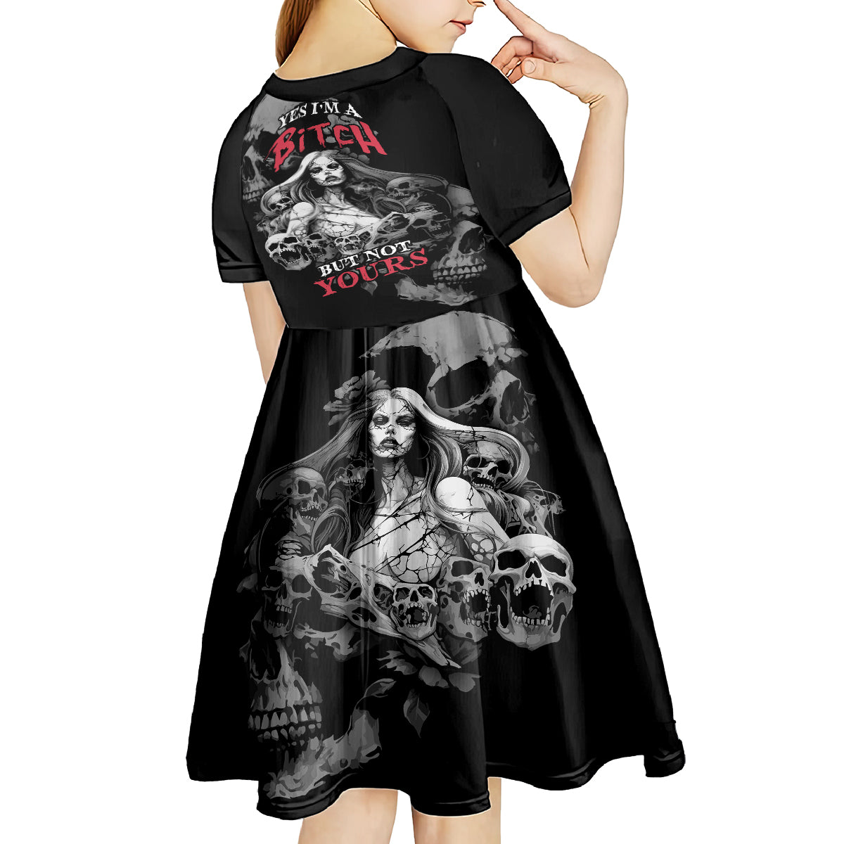 Skeleton Girl Kid Short Sleeve Dress Yes I'm A Bicth - Not Yours - Wonder Print Shop