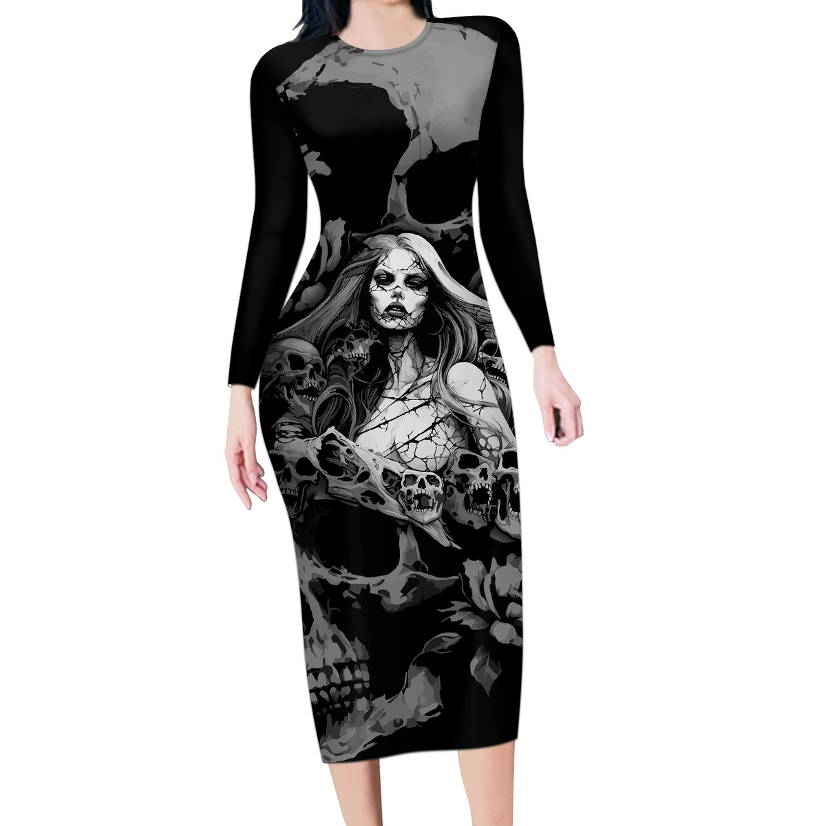 Skeleton Girl Long Sleeve Bodycon Dress Yes I'm A Bicth - Not Yours - Wonder Print Shop