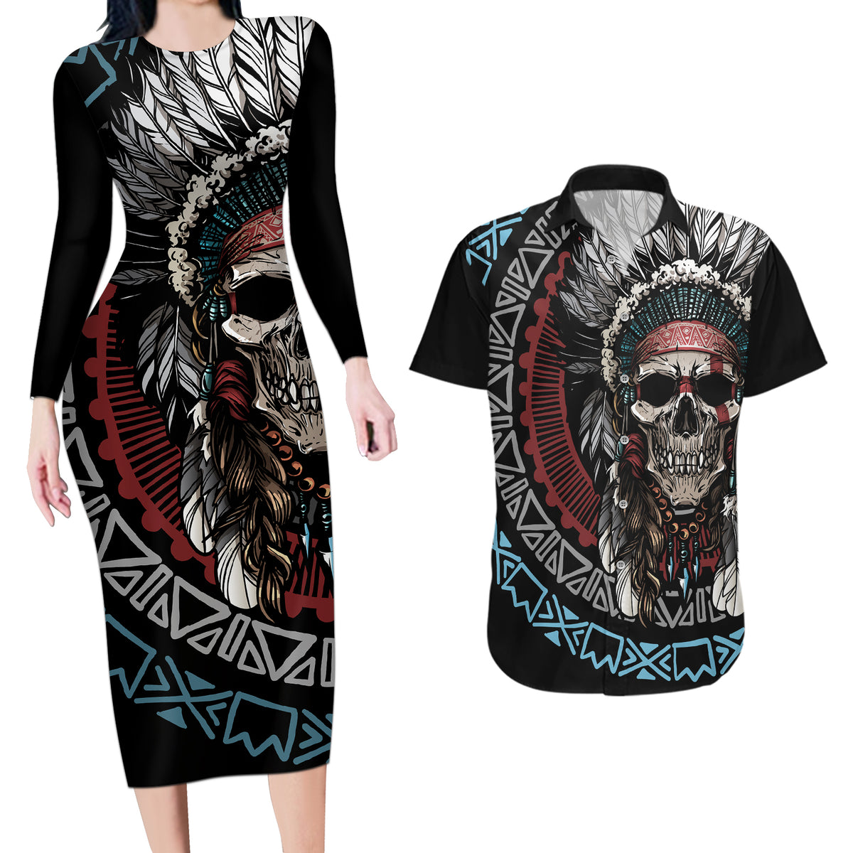 Native American Skull Couples Matching Long Sleeve Bodycon Dress and Hawaiian Shirt American History Begins With Native History - Wonder Print Shop