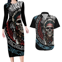 Native American Skull Couples Matching Long Sleeve Bodycon Dress and Hawaiian Shirt American History Begins With Native History - Wonder Print Shop