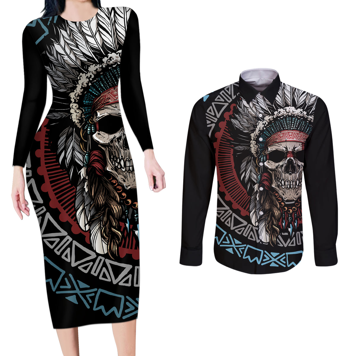 Native American Skull Couples Matching Long Sleeve Bodycon Dress and Long Sleeve Button Shirts American History Begins With Native History - Wonder Print Shop