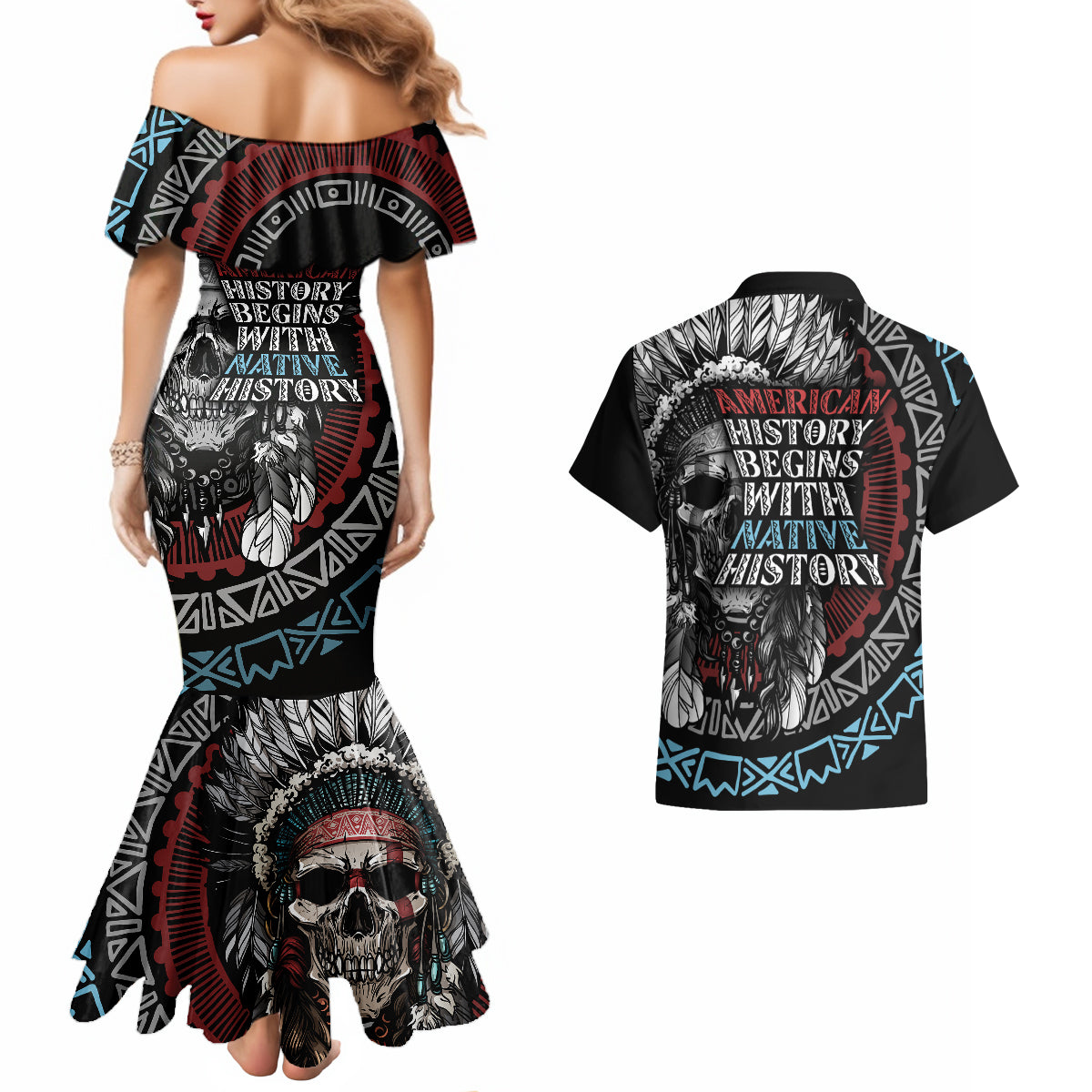 Native American Skull Couples Matching Mermaid Dress and Hawaiian Shirt American History Begins With Native History - Wonder Print Shop
