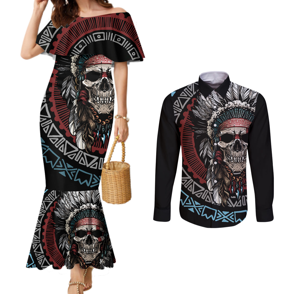 native-american-skull-couples-matching-mermaid-dress-and-long-sleeve-button-shirts-american-history-begins-with-native-history