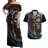 Native American Skull Couples Matching Off Shoulder Maxi Dress and Hawaiian Shirt American History Begins With Native History - Wonder Print Shop