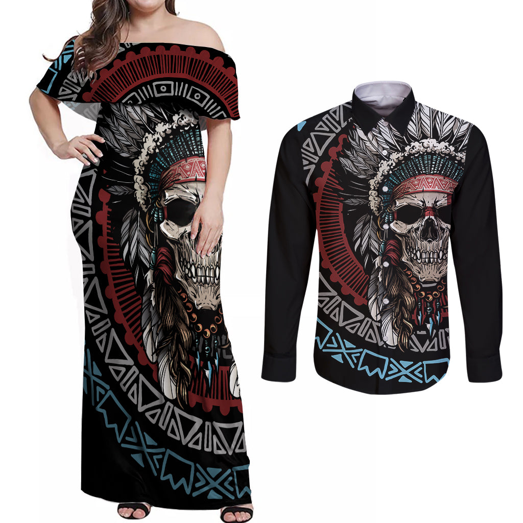 Native American Skull Couples Matching Off Shoulder Maxi Dress and Long Sleeve Button Shirts American History Begins With Native History - Wonder Print Shop