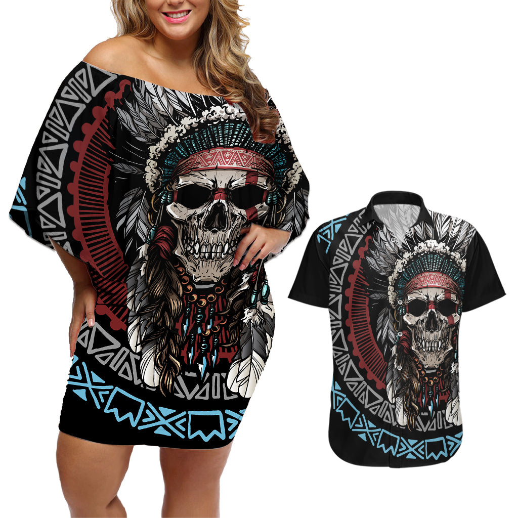 Native American Skull Couples Matching Off Shoulder Short Dress and Hawaiian Shirt American History Begins With Native History - Wonder Print Shop