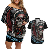 Native American Skull Couples Matching Off Shoulder Short Dress and Hawaiian Shirt American History Begins With Native History - Wonder Print Shop