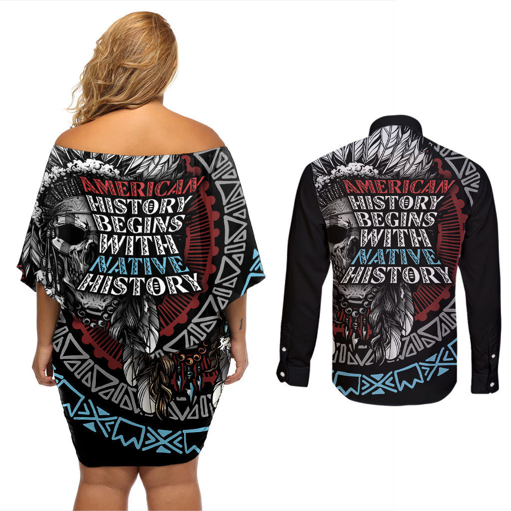Native American Skull Couples Matching Off Shoulder Short Dress and Long Sleeve Button Shirts American History Begins With Native History - Wonder Print Shop