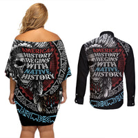 Native American Skull Couples Matching Off Shoulder Short Dress and Long Sleeve Button Shirts American History Begins With Native History - Wonder Print Shop
