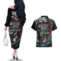 Native American Skull Couples Matching Off The Shoulder Long Sleeve Dress and Hawaiian Shirt American History Begins With Native History - Wonder Print Shop