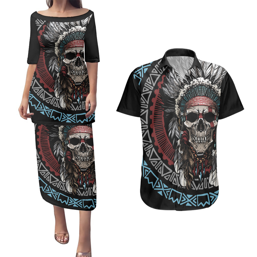 Native American Skull Couples Matching Puletasi Dress and Hawaiian Shirt American History Begins With Native History - Wonder Print Shop