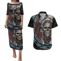 Native American Skull Couples Matching Puletasi Dress and Hawaiian Shirt American History Begins With Native History - Wonder Print Shop