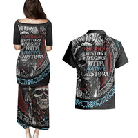Native American Skull Couples Matching Puletasi Dress and Hawaiian Shirt American History Begins With Native History - Wonder Print Shop