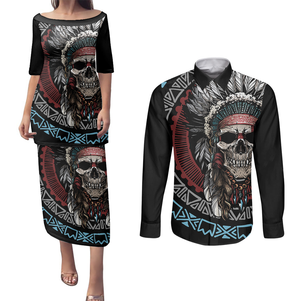 Native American Skull Couples Matching Puletasi Dress and Long Sleeve Button Shirts American History Begins With Native History - Wonder Print Shop