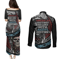 Native American Skull Couples Matching Puletasi Dress and Long Sleeve Button Shirts American History Begins With Native History - Wonder Print Shop