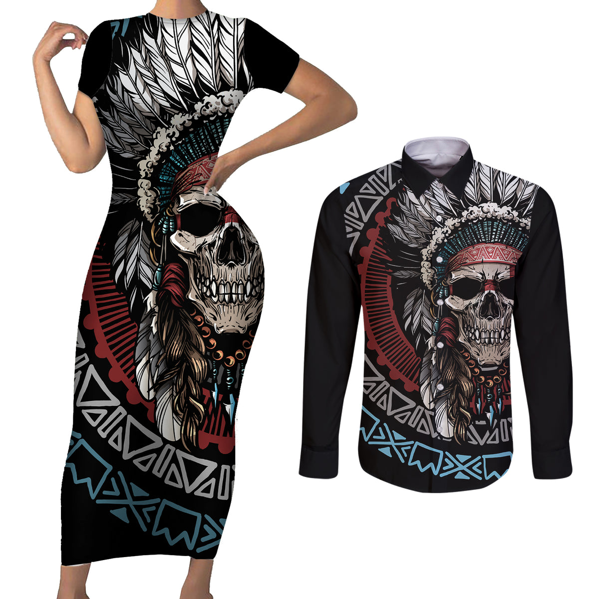 Native American Skull Couples Matching Short Sleeve Bodycon Dress and Long Sleeve Button Shirts American History Begins With Native History - Wonder Print Shop