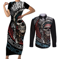 Native American Skull Couples Matching Short Sleeve Bodycon Dress and Long Sleeve Button Shirts American History Begins With Native History - Wonder Print Shop